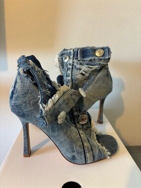 Azalea Wang Denim Distressed High Heel Booties - Blue